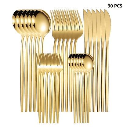 30Pcs Golden Silver Cutlery Set Stainless Steel Knife Fork Spoon Tableware Flatware Set Festival Kitchen Upscale Cutlery Set