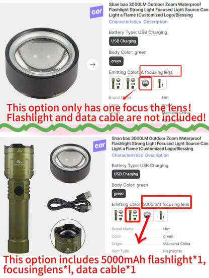 Shan bao 3000LM Outdoor Zoom Waterproof Flashlight Strong Light Focused Light Source Can Light a Flame (Customized Logo/Blessing